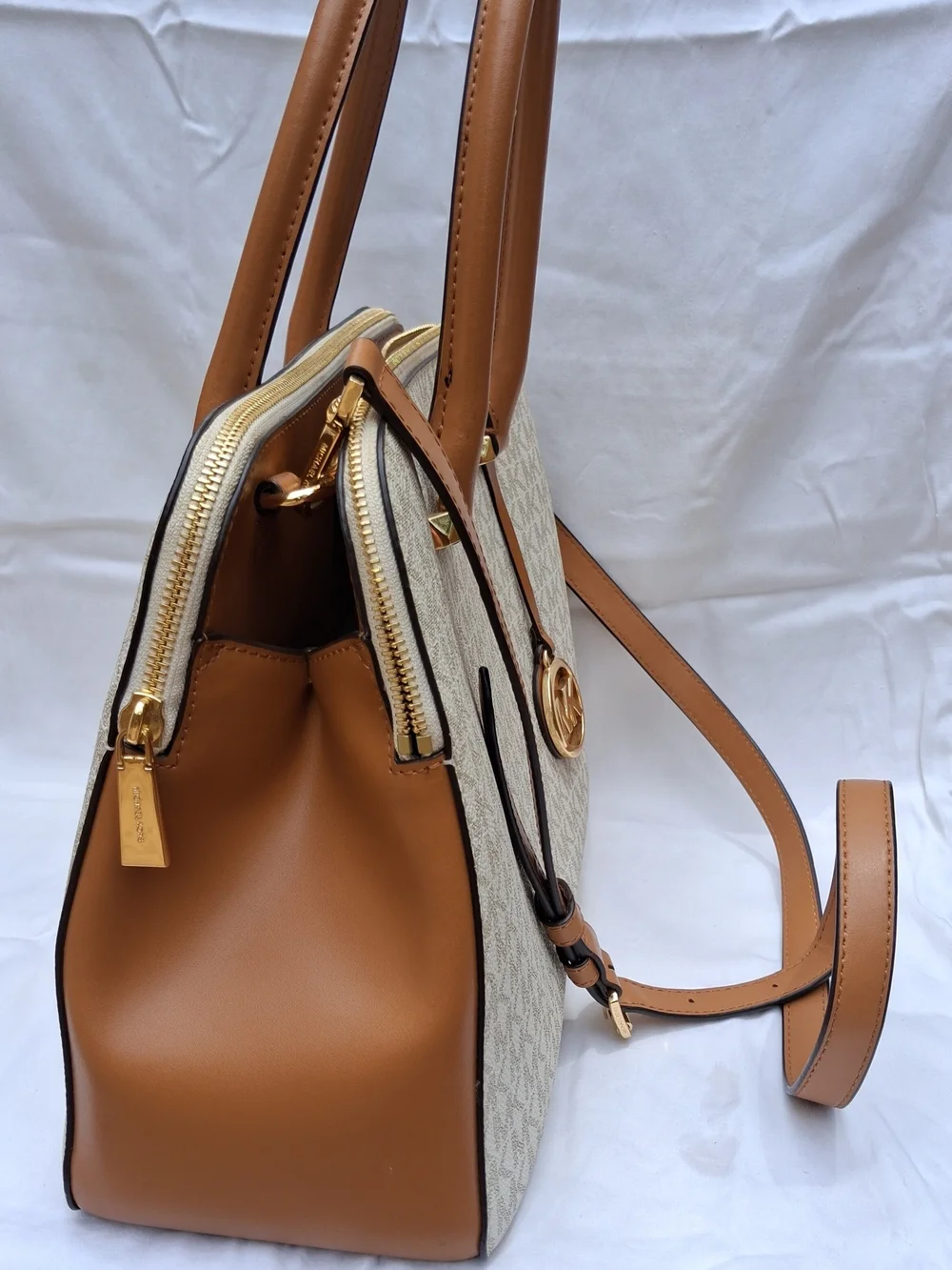 Michael Kors Beige Signature MK Satchel with Acorn Trim